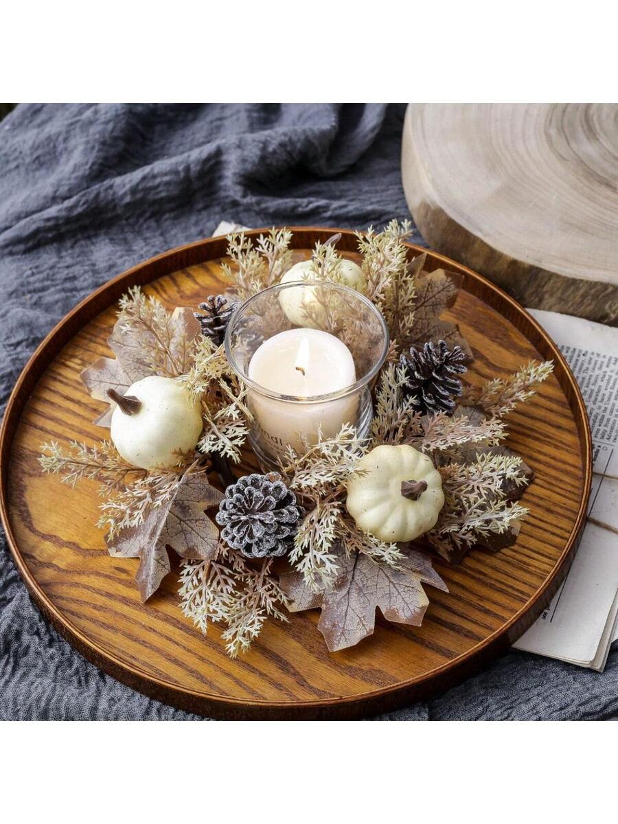 Christmas Candle Ring Holder with Red Flowers, Gold Berries & Greenery, Holiday Table Centerpiece