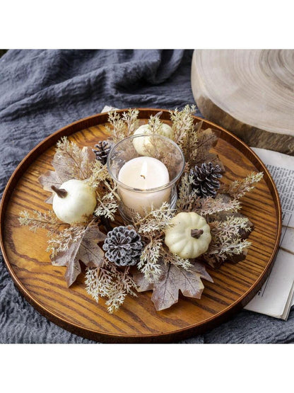 Christmas Candle Ring Holder with Red Flowers, Gold Berries & Greenery, Holiday Table Centerpiece
