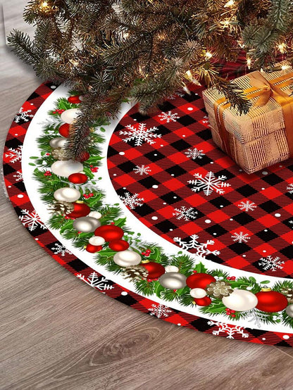 Red & Black Plaid Christmas Tree Skirt, Snowflake Pattern Round Tree Mat, Soft Decorative Base Cover for Living Room & Winter Holiday Home Decor