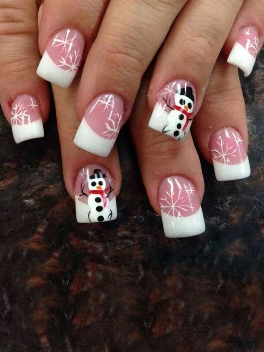 24pcs Christmas Press-On Nails, Short Square Snowman Design with Glitter French Tips, Acrylic False Nail Set with Jelly Glue & File for Holiday Wear