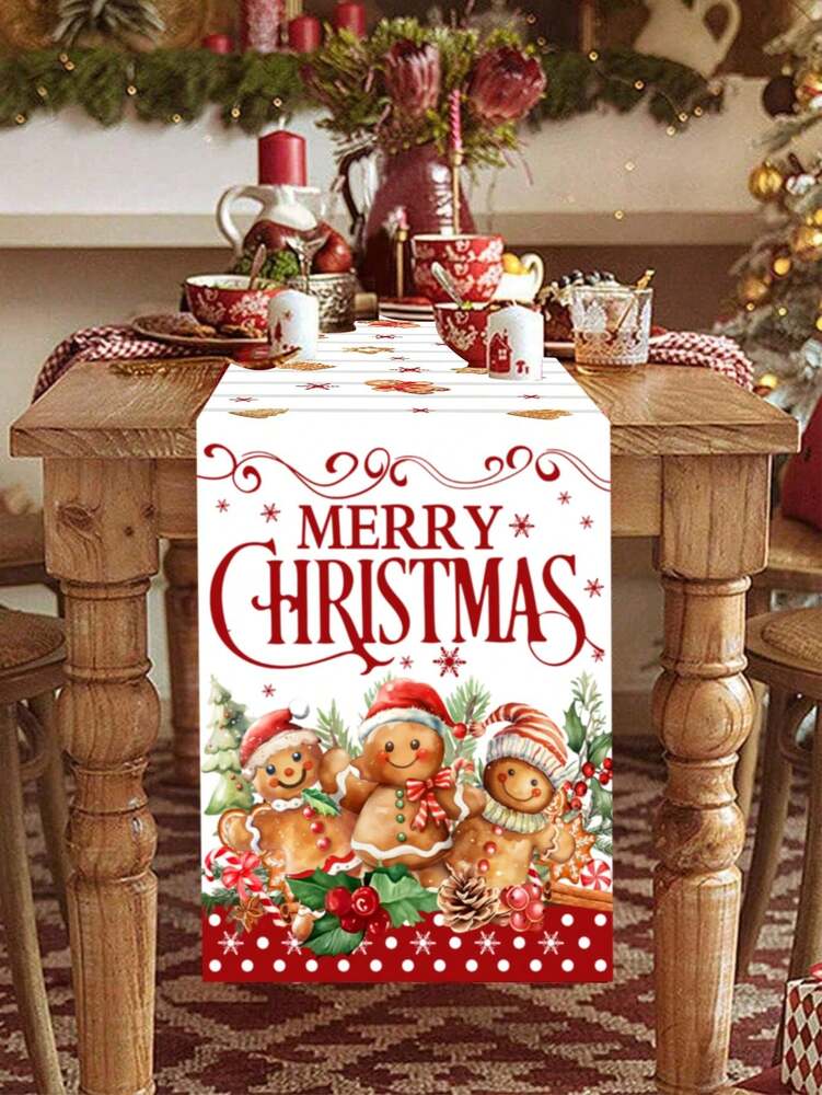 Gingerbread Man Christmas Table Runner, 35x180cm Polyester Holiday Table Flag, Festive Dining Room Décor for Christmas & Winter Home Use