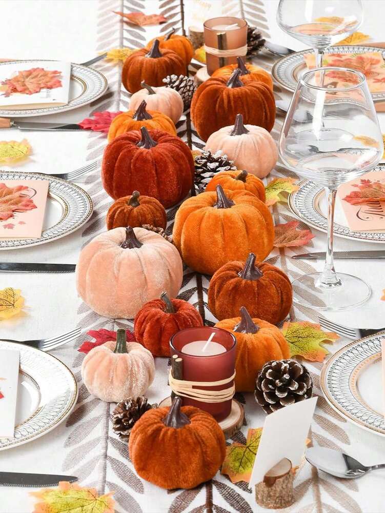 12pcs Faux Velvet Mini Pumpkins, Farmhouse Fall Decorations, Assorted Soft Fabric Pumpkins for Thanksgiving Table & Home Decor
