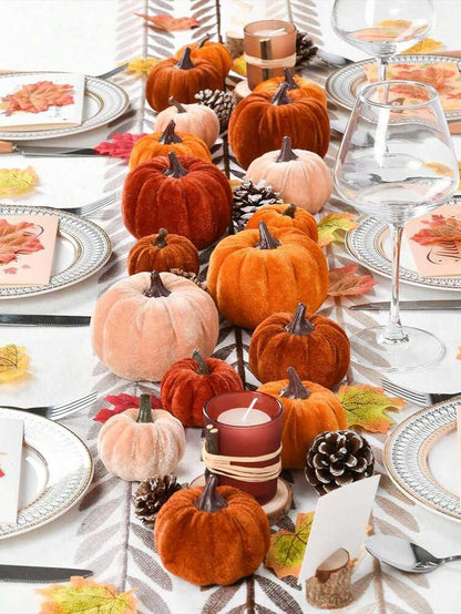 12pcs Faux Velvet Mini Pumpkins, Farmhouse Fall Decorations, Assorted Soft Fabric Pumpkins for Thanksgiving Table & Home Decor