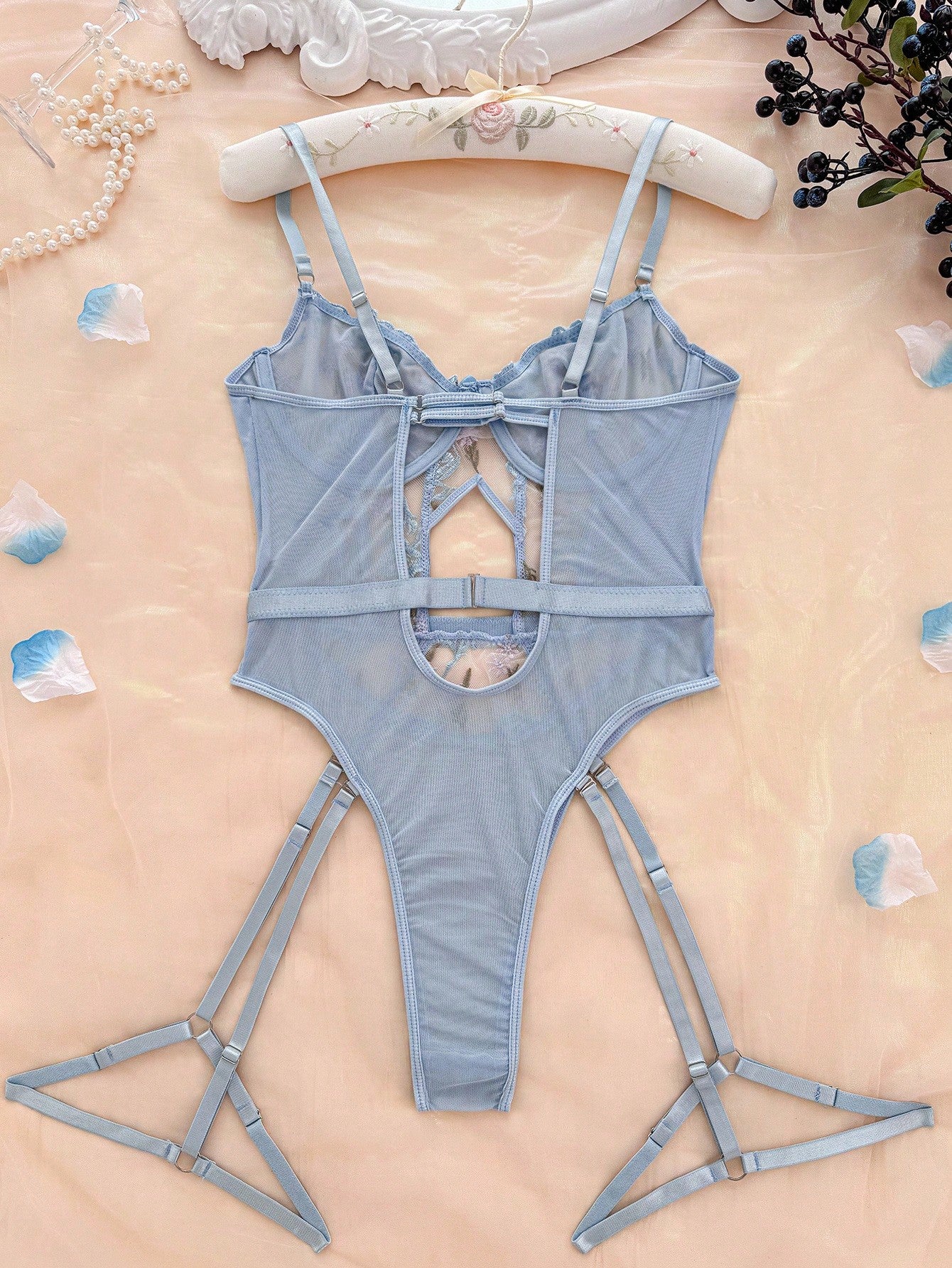 3-Piece Floral Embroidery Mesh Underwire Teddy Bodysuit Lingerie