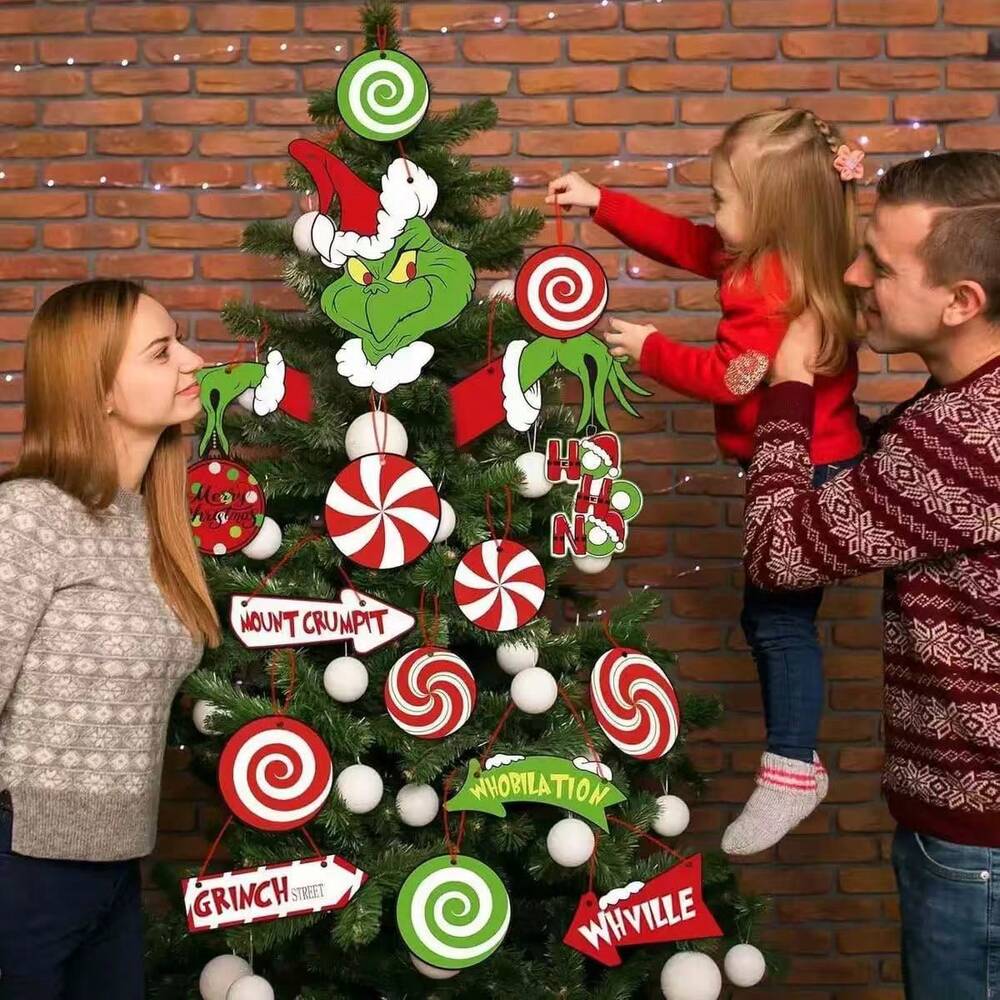 21pcs Grinch Green Paper Hanging Christmas Ornaments, Fun Tree and Room Decorations, Party Supplies for New Year and Festive Holiday Atmosphere