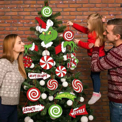 21pcs Grinch Green Paper Hanging Christmas Ornaments, Fun Tree and Room Decorations, Party Supplies for New Year and Festive Holiday Atmosphere