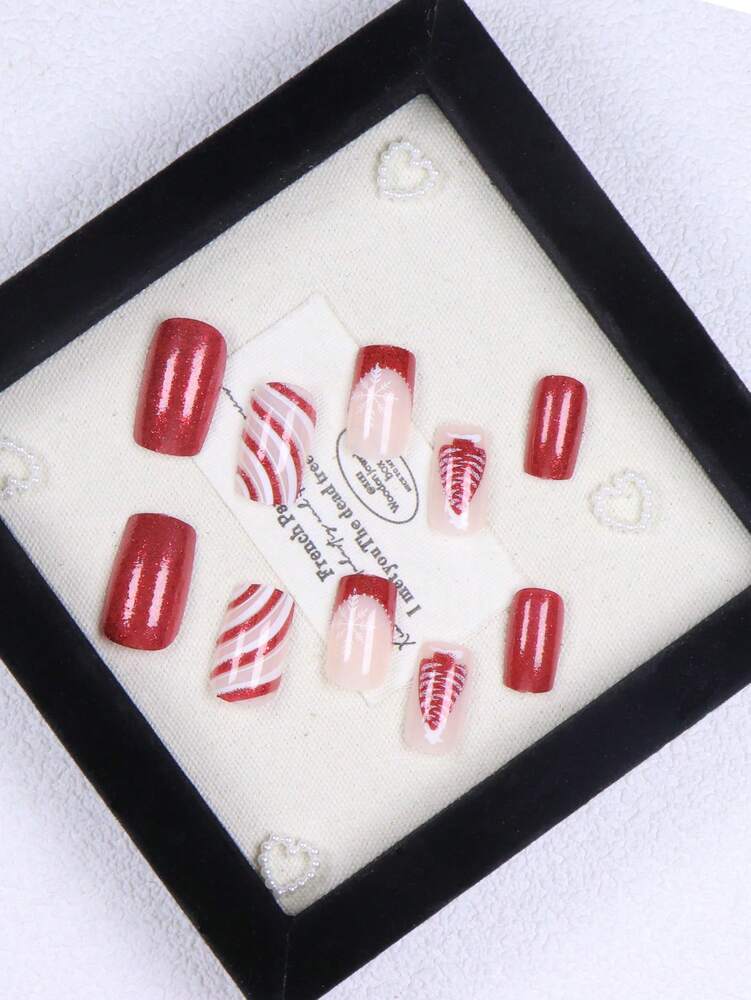 24pcs Medium Square Christmas Press On Nails, Red French Glitter Snowflake Candy Design, Bling Acrylic False Nails For Women Holiday Wear