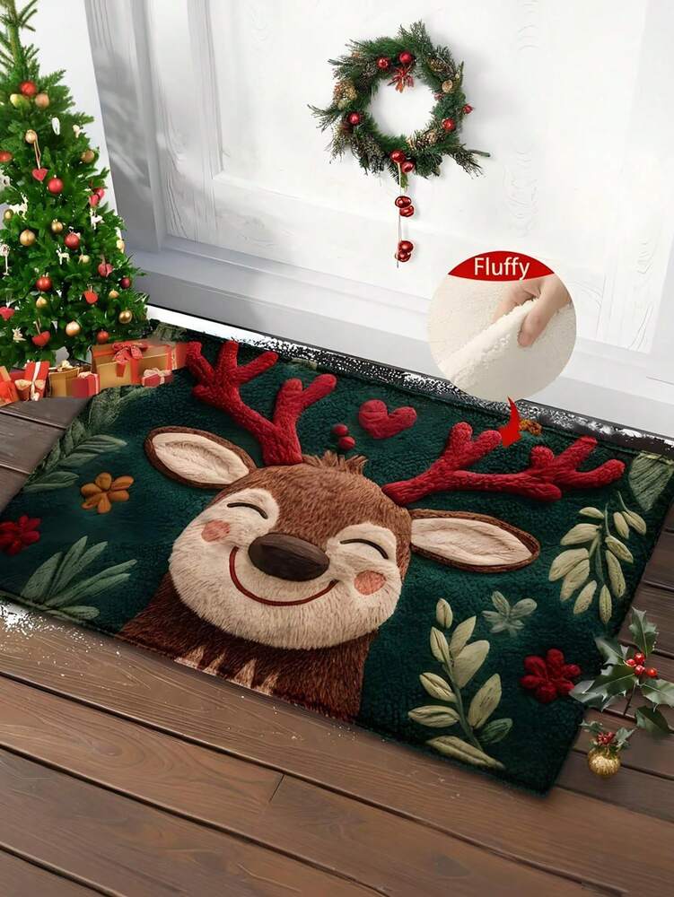 Fluffy Christmas Deer Microfiber Bath Mat, Quick-Dry and Absorbent Holiday Floor Rug for Bathroom, Kitchen or Home Decor