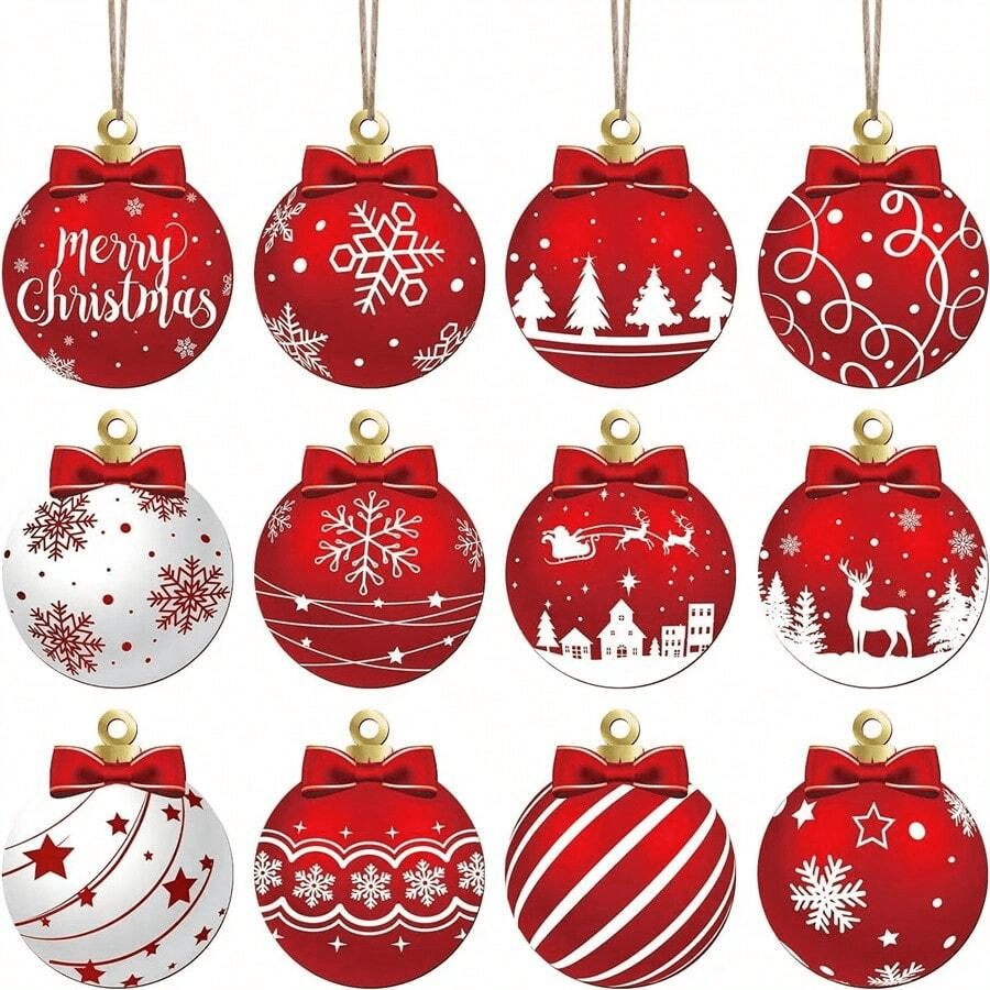 12pcs Wooden Christmas Ball Hanging Ornaments, Flat 2D Plaque Style Tree Decorations for Holiday Home & Christmas Decor