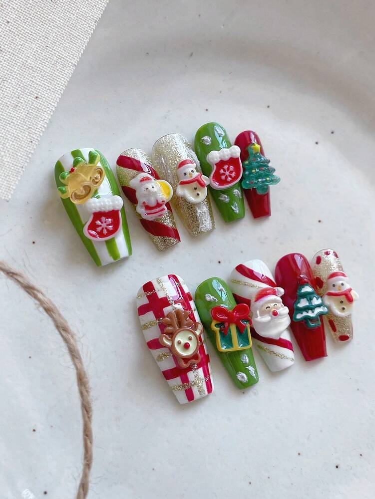 10pcs Long Coffin Christmas Press On Nails, Santa Snowman And Tree Design, Glossy Acrylic Nail Set For Women Party Festival Or Holiday Use