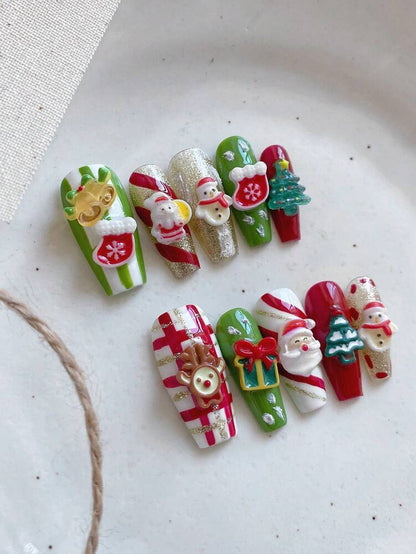 10pcs Long Coffin Christmas Press On Nails, Santa Snowman And Tree Design, Glossy Acrylic Nail Set For Women Party Festival Or Holiday Use