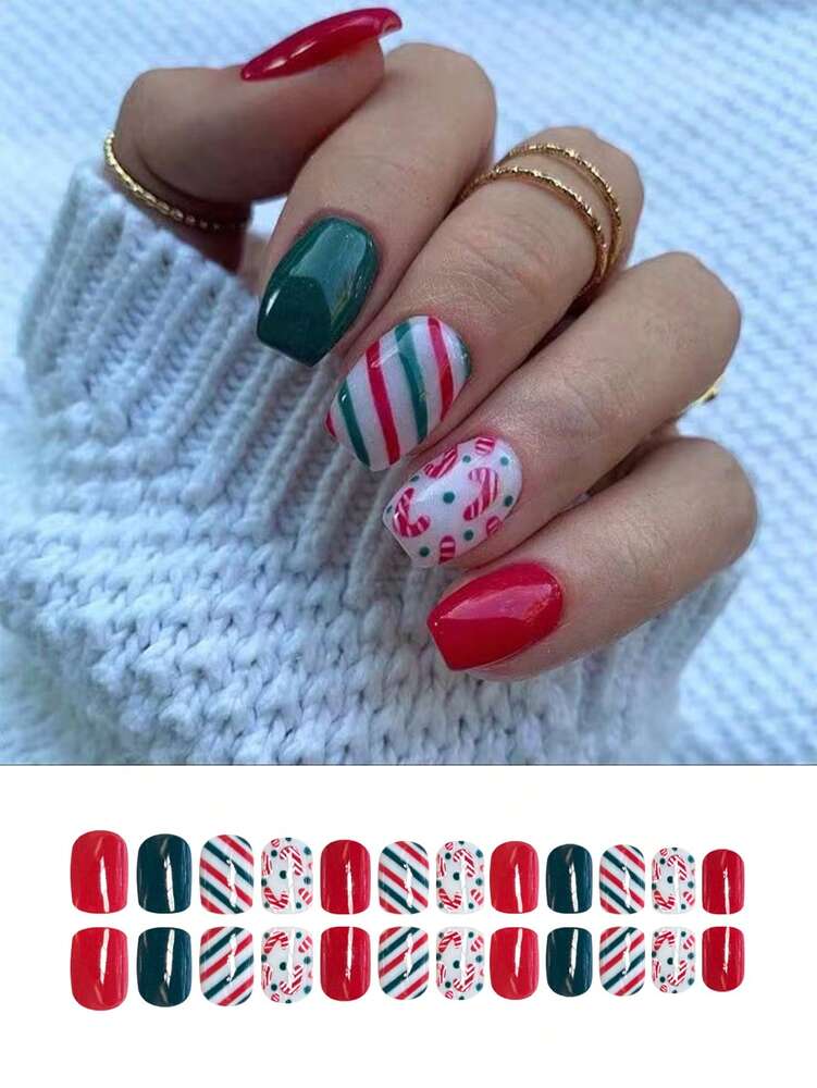 24pcs Short Press On Nails, Red And Green Candy Cane Christmas Design, False Nails For Women, Easy To Apply Holiday Nail Supplies