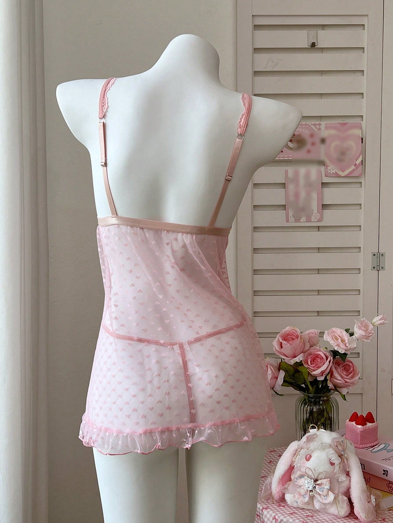2pcs Women Pink Lace Patchwork Babydoll Dress Set With Polka Dot Mesh And Ruffle Hem Detail, Lightweight Fabric Construction, Coordinated Two-Piece Structure, Suitable For General Wear And Styling