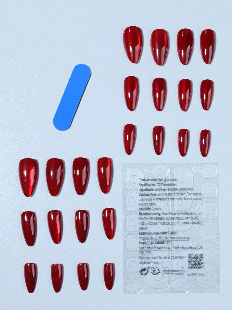 24pcs Long Almond Red Cat Eye Press On Nails, Y2K Crystal Glossy Acrylic False Nails With Glue & File, Perfect For Women Night Out Look