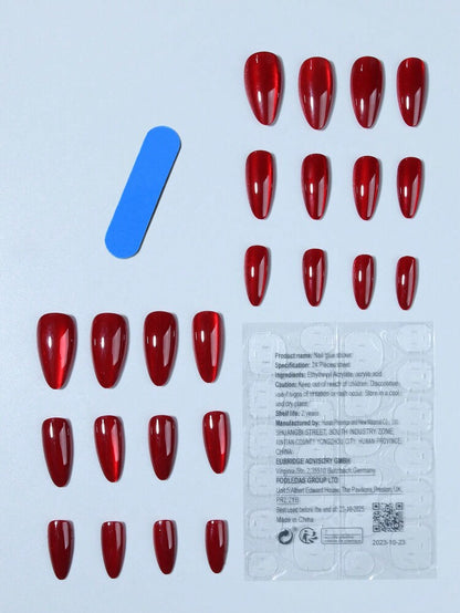 24pcs Long Almond Red Cat Eye Press On Nails, Y2K Crystal Glossy Acrylic False Nails With Glue & File, Perfect For Women Night Out Look
