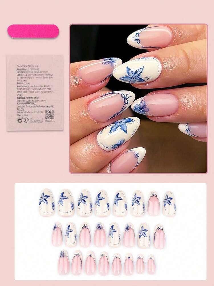 24pcs Medium Almond Press On Nails, Beige Yellow French Tips With Blue Flower Bow Design, Minimalist Summer Nail Set For Women Daily Wear