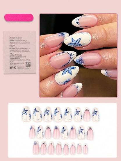 24pcs Medium Almond Press On Nails, Beige Yellow French Tips With Blue Flower Bow Design, Minimalist Summer Nail Set For Women Daily Wear