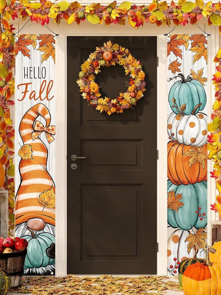 Thanksgiving Pumpkin Gnome Door Banner Set, 30x180cm Polyester Hanging Porch Sign, Autumn Harvest Decoration for Farmhouse Indoor & Outdoor Display