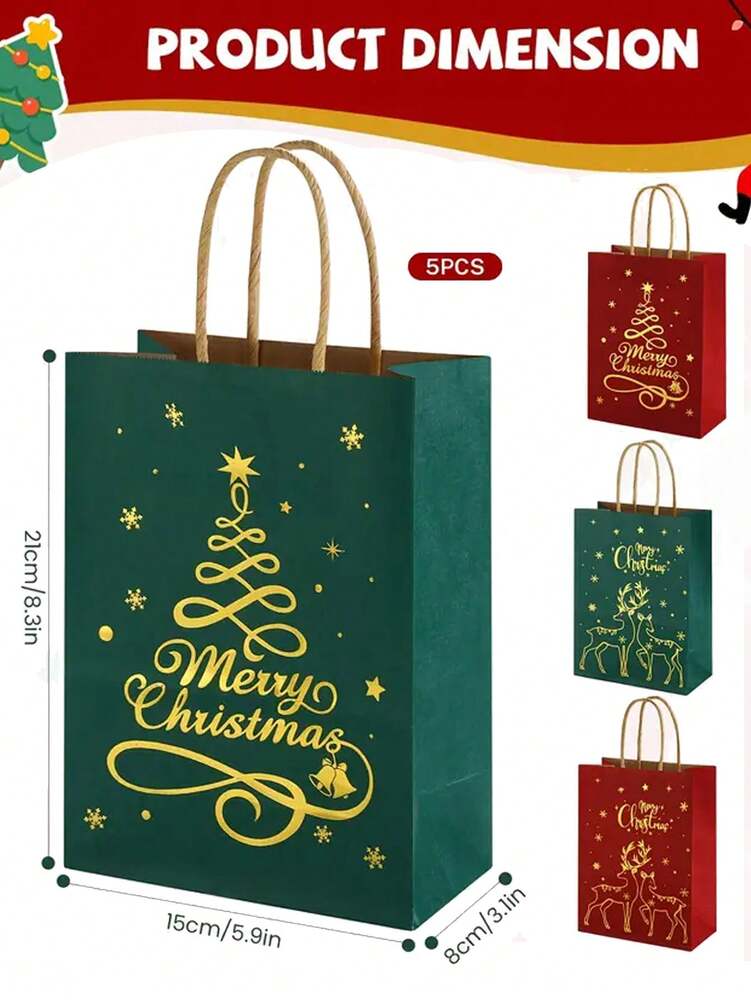 48pcs Christmas Paper Gift Bags with Handles, Red & Green Reindeer and Tree Pattern Foldable Shopping Bags for Holiday Packaging & Home Decor