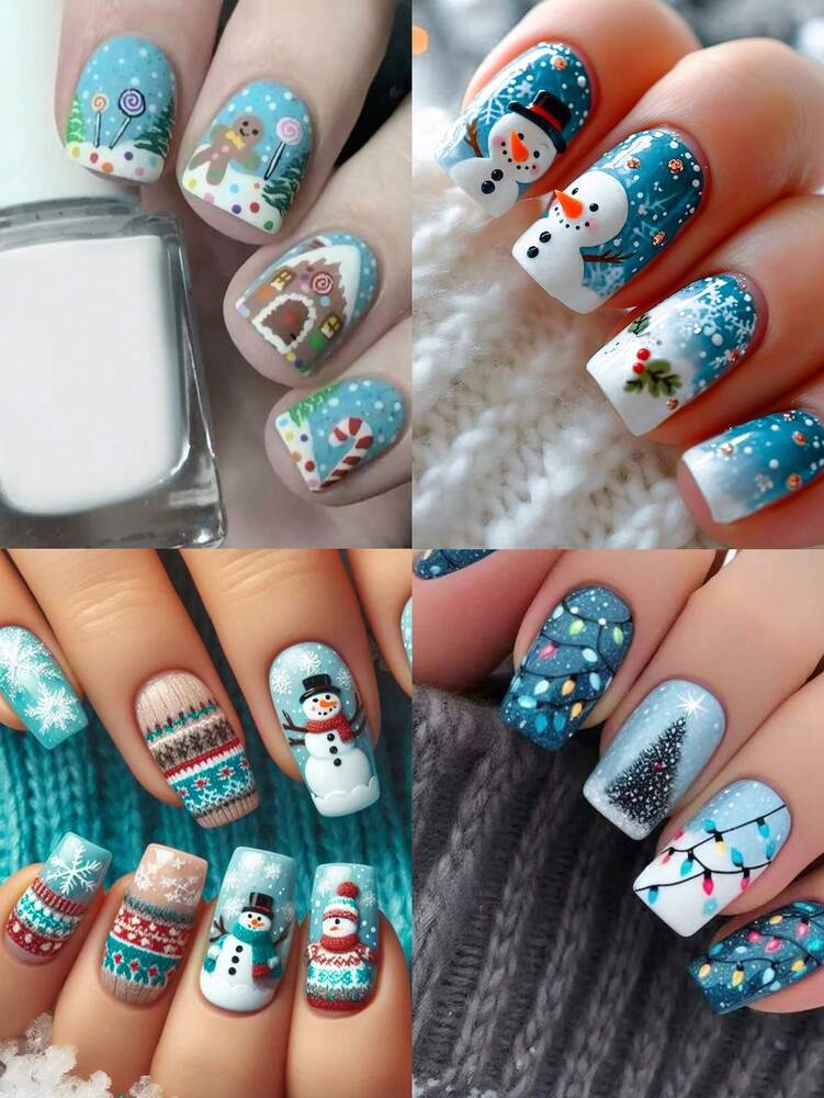 96pcs Short Square Christmas Press On Nails, Gingerbread Santa Snowman Snowflake Elk Design, Festive Acrylic Nail Set For Women Holiday Party