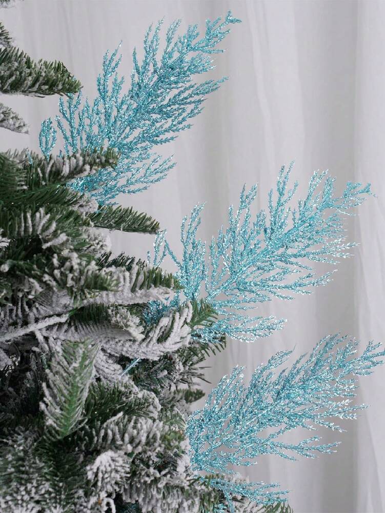 20pcs Glitter Cedar Pine Needles with Sequins, Artificial Blue and Pink Leaves for DIY Garlands, Wedding Bouquets, and Winter Holiday Home Decor