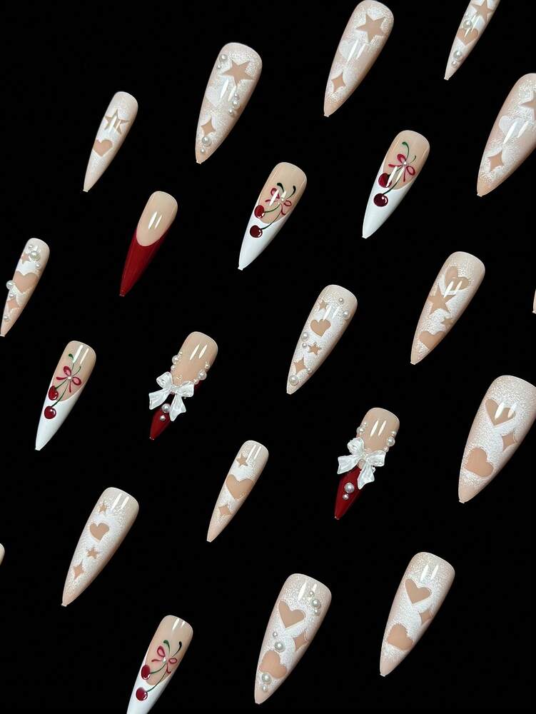 24pcs Long Stiletto French Press On Nails, White Red Cherry Pattern With 3D Bow And Pearl Decor, Romantic Bling Nail Set For Party Look