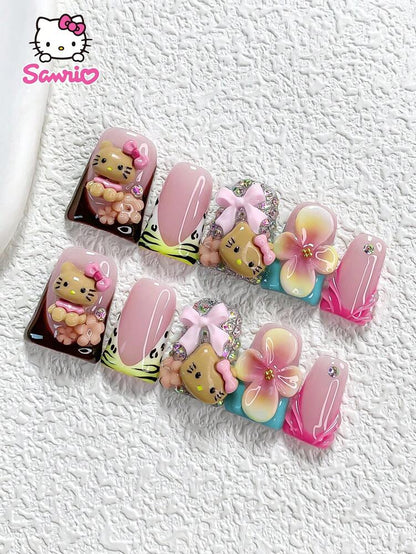10pcs Sanrio Autumn Press On Nails, Duckbill Almond Coffin Mix With Brown Kitty And Gradient Pink Diamond Nails, Luxury Rhinestone Nail Set