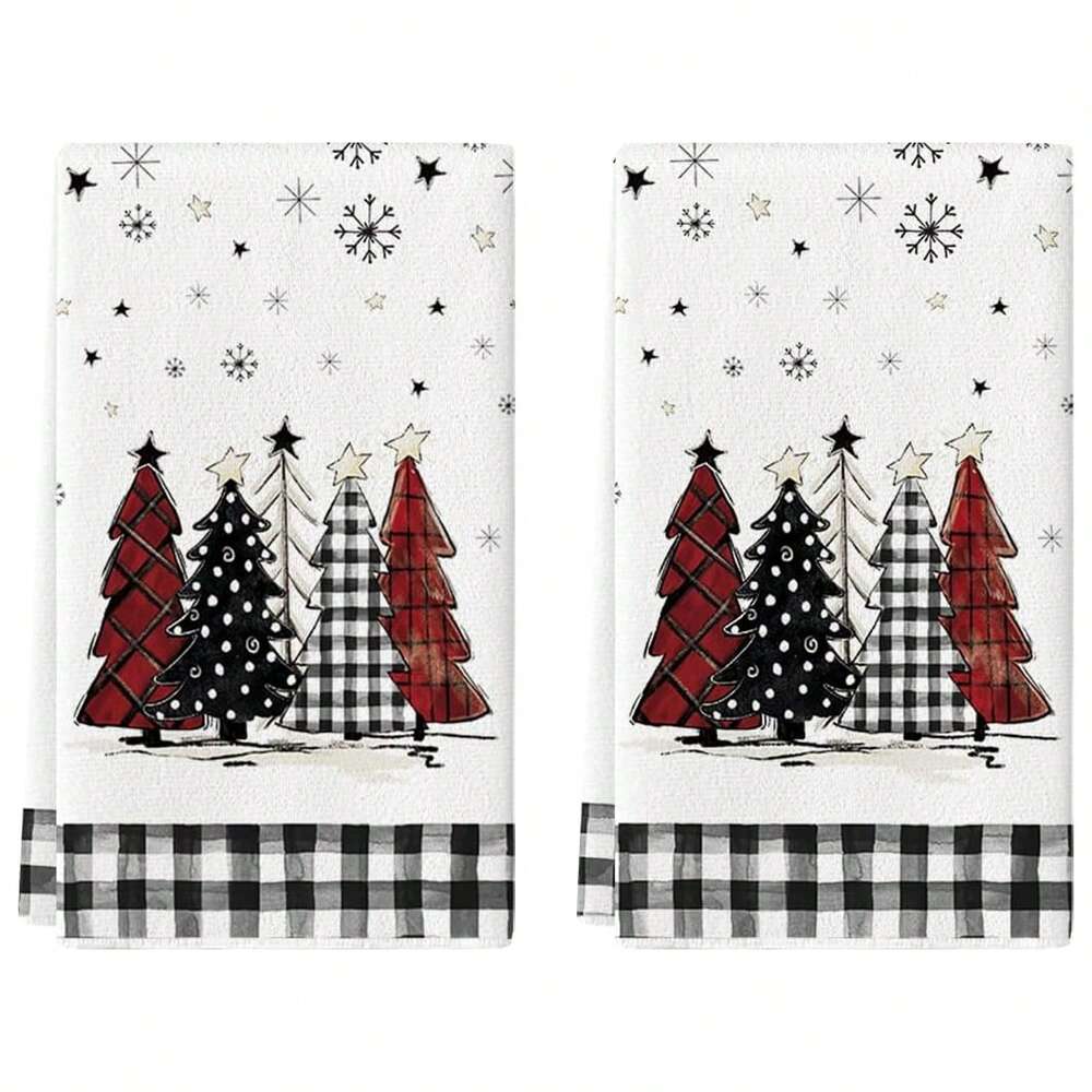 2pcs Buffalo Plaid Christmas Kitchen Towels, Santa & Tree Themed Cotton Dish Towels for Seasonal Cooking, Baking & Holiday Home Decor