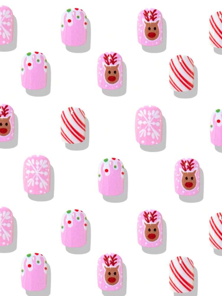 24pcs Short Red Christmas Press On Nails, Snowflake Glitter Design, Blue And Red Winter False Nails For Women, Easy To Apply Nail Supplies