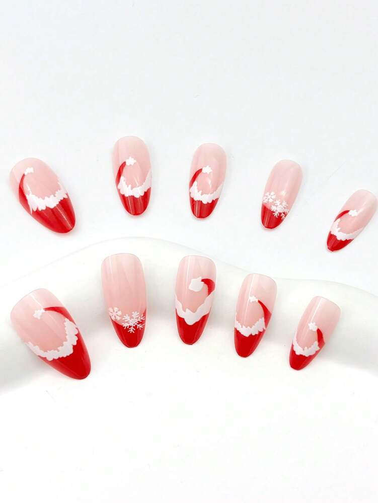 24pcs Almond Christmas Press On Nails, Red Santa Hat Short False Nails, Holiday Nail Set For Women, Office, Date, Party & Everyday Wear