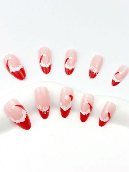 24pcs Almond Christmas Press On Nails, Red Santa Hat Short False Nails, Holiday Nail Set For Women, Office, Date, Party & Everyday Wear