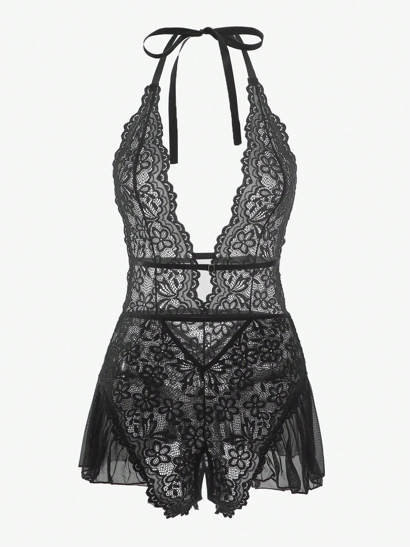 Floral Lace Scallop Trim Halter Teddy Bodysuit Lingerie