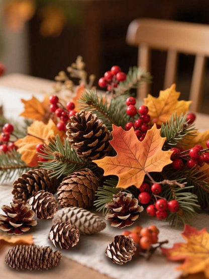 Mini Pinecone Set for Thanksgiving or Christmas (15pcs/5pcs), Natural Decorative Cones with Maple Leaves for Autumn, Harvest, or DIY Holiday Ornaments