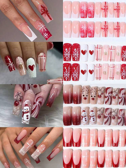 96pcs Long Square Christmas Press On Nails, Snowman Gingerbread Candy Cane Tree Star Design, Acrylic False Nail Set For Women Holiday Party Wear
