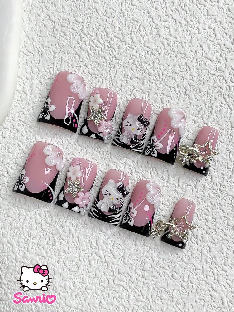 10pcs Sanrio Gothic Press On Nails, Almond Duckbill Square Shapes With Kitty Rhinestones And Zebra Pattern, Kawaii Dark French Nail Set