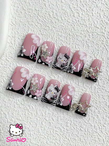 10pcs Sanrio Gothic Press On Nails, Almond Duckbill Square Shapes With Kitty Rhinestones And Zebra Pattern, Kawaii Dark French Nail Set