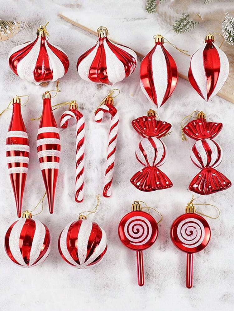 14/24pcs Red Candy Cane Ball Ornaments, Shatterproof Christmas Tree Hanging Decorations, Perfect for Holiday Home Decor and Gift Ideas