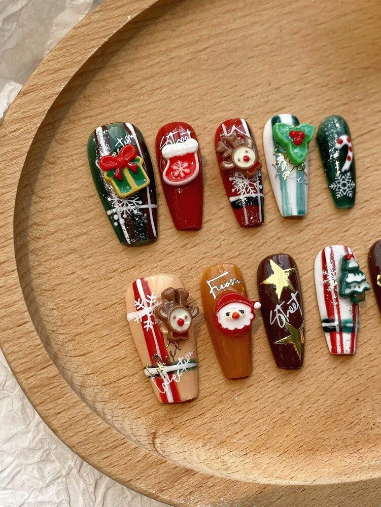 10pcs Long Coffin Christmas Press On Nails, Red And Green Design With Glitter Snowflake Charms, Acrylic Nail Set For Women Holiday Party Gift