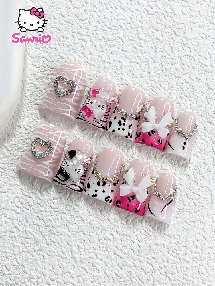 10pcs Sanrio Pink Hello Kitty Press On Nails, Duckbill Almond Square Mix With Bow Heart Rhinestones, Pink Leopard Ice Clear French Nails