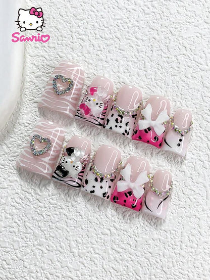 10pcs Sanrio Pink Hello Kitty Press On Nails, Duckbill Almond Square Mix With Bow Heart Rhinestones, Pink Leopard Ice Clear French Nails