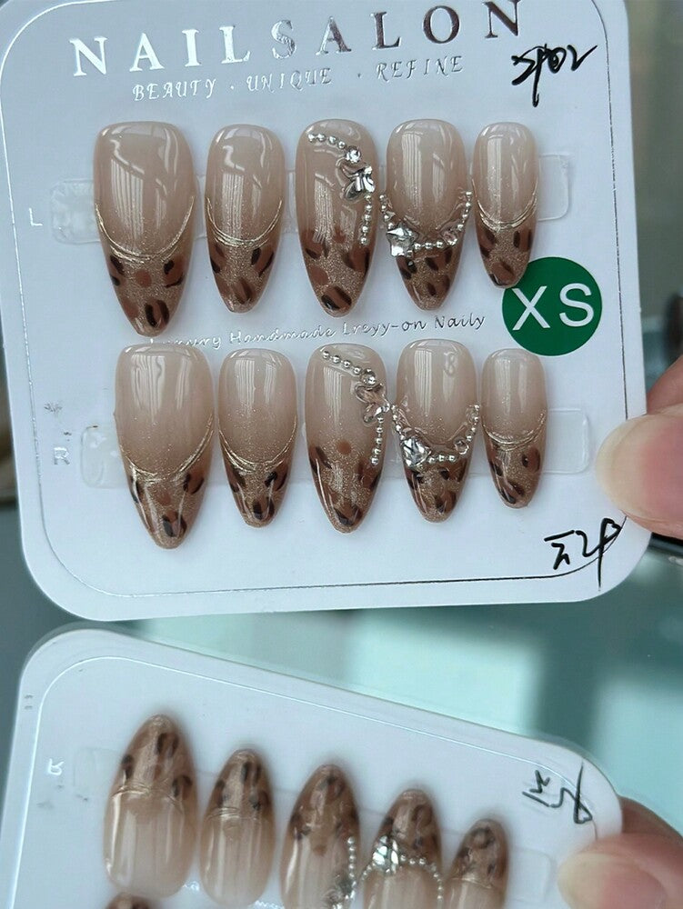 10pcs Leopard Print Press On Nails, Shibuya Gyaru French Gold Edge Design With Star And Butterfly Charms, Vintage Y2K Nail Set