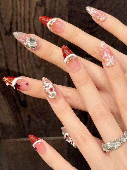 10pcs Merry Christmas Press On Nails, Almond Nude Base Red Ombre Tips With Snowflake And Gold Star Design, Cute Holiday Nail Set Gift