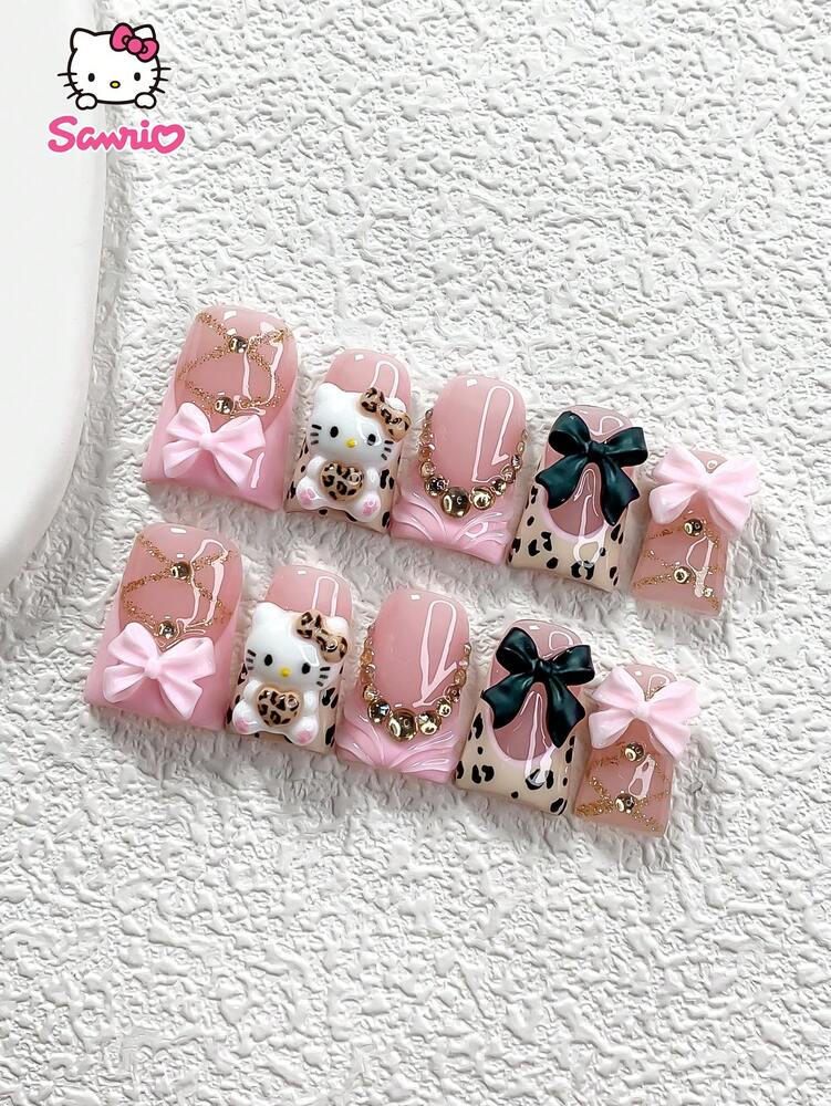 10pcs Sanrio Fall Press On Nails, 3D Leopard Hello Kitty Design With Pink Black Bow Charms, Handmade French Nail Set For Autumn Daily Wear