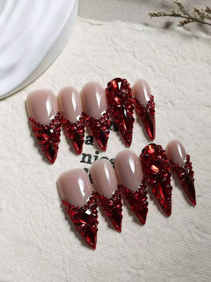 10pcs Coffin Press On Nails, Handmade Red French Tips With Diamond Embellishments, Luxurious Glossy Nail Set For Women Glam Look