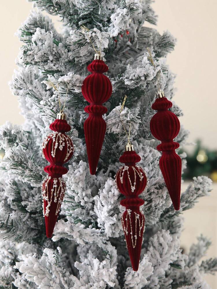 6/12pcs Velvet Christmas Ornament Set (7"), Textured Shatterproof Burgundy Tree Decorations, Elegant Holiday Home Decor
