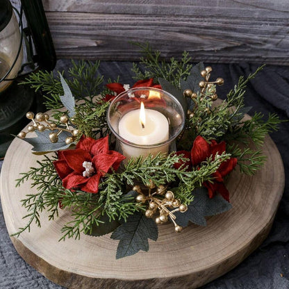 Christmas Candle Ring Holder with Red Flowers, Gold Berries & Greenery, Holiday Table Centerpiece