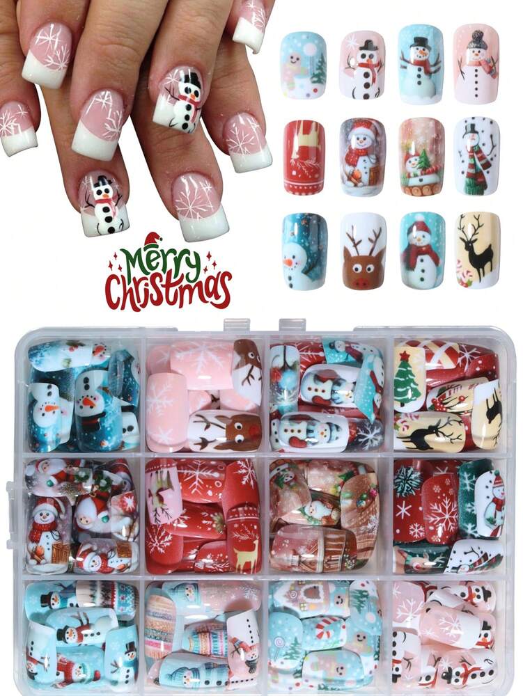 288pcs Short Square Christmas Press On Nails, Gingerbread Santa Snowflake Elk Design, Acrylic False Nails Large Set For Women Holiday Party