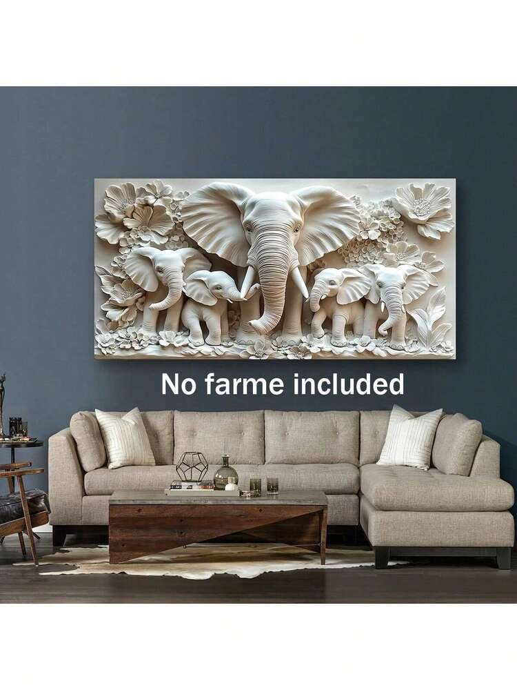 2D Frameless Elephant Wall Art Canvas, Contemporary African Wildlife Print for Living Room, Bedroom or Office, Minimalist Animal Home Decor (1pc)
