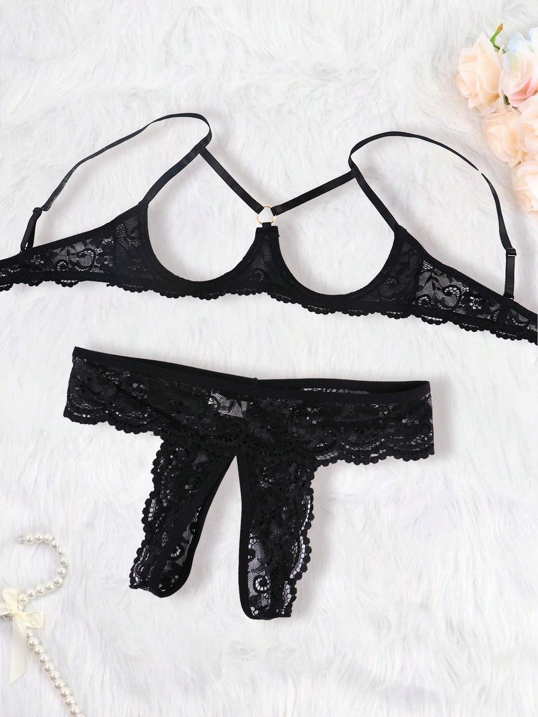 Women's Black Sexy Lace Lingerie Set - Featuring Bowknot Decor Bralette & Open Crotch Lace Tanga Panties For Going Out