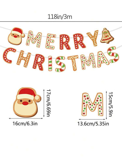 Merry Christmas Pennant Flag Banner, Santa Claus and Gingerbread Design, Festive Party Garland for Holiday Celebrations and Home Decor